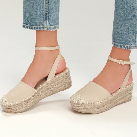 LULU'S JANELLE TAUPE FLATFORM ESPADRILLES SIZE 6 with ankle straps - Picture 1 of 4